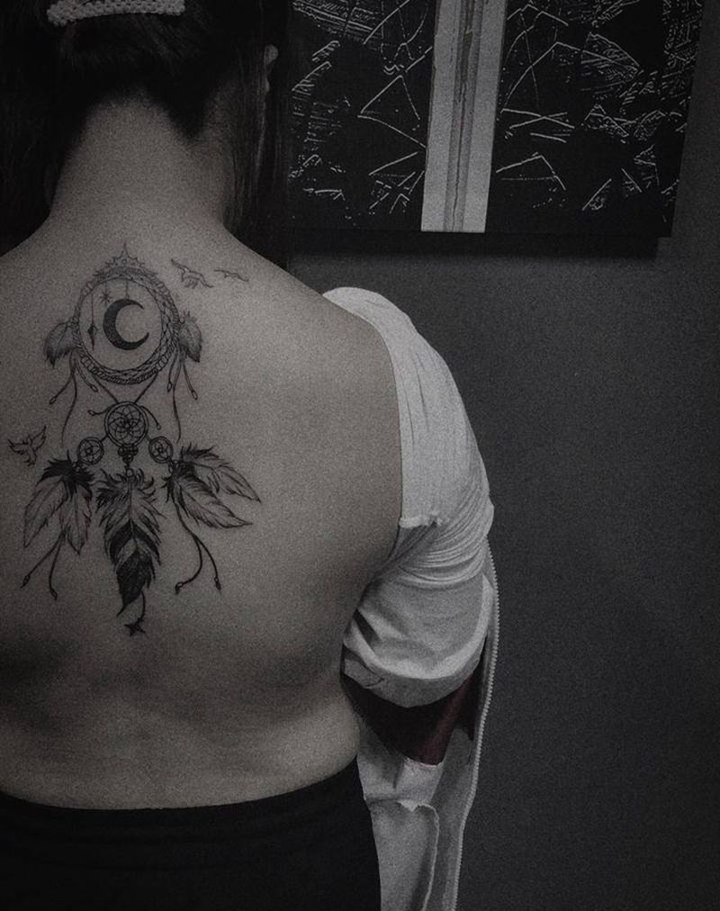 捕梦网纹身图片_背部肩部点刺图腾纹身图案