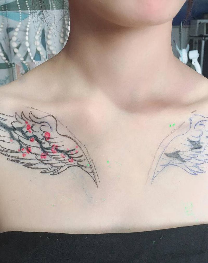 遮盖翅膀纹身图片_胸部新传统纹身图案