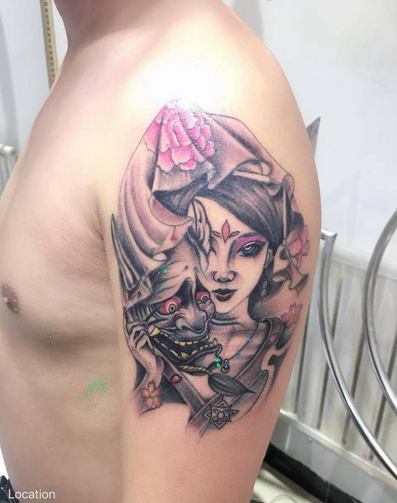 般若配艺技纹身图片_手臂新传统纹身图案