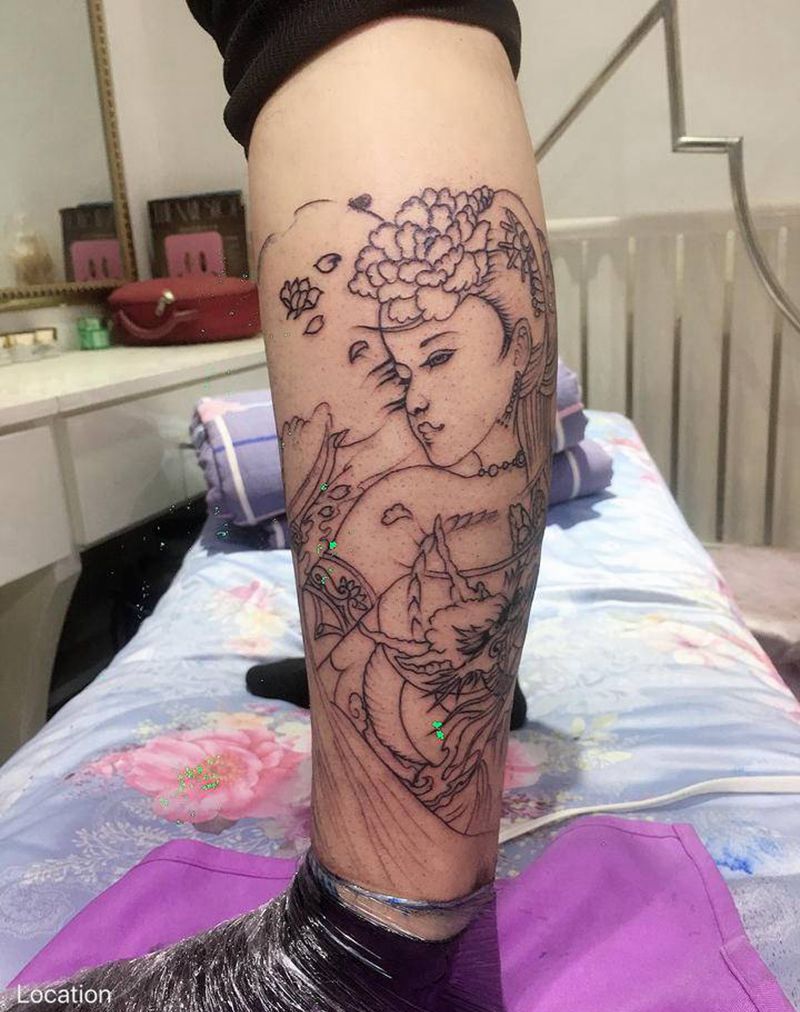 艺技纹身图片_腿部新传统纹身图案