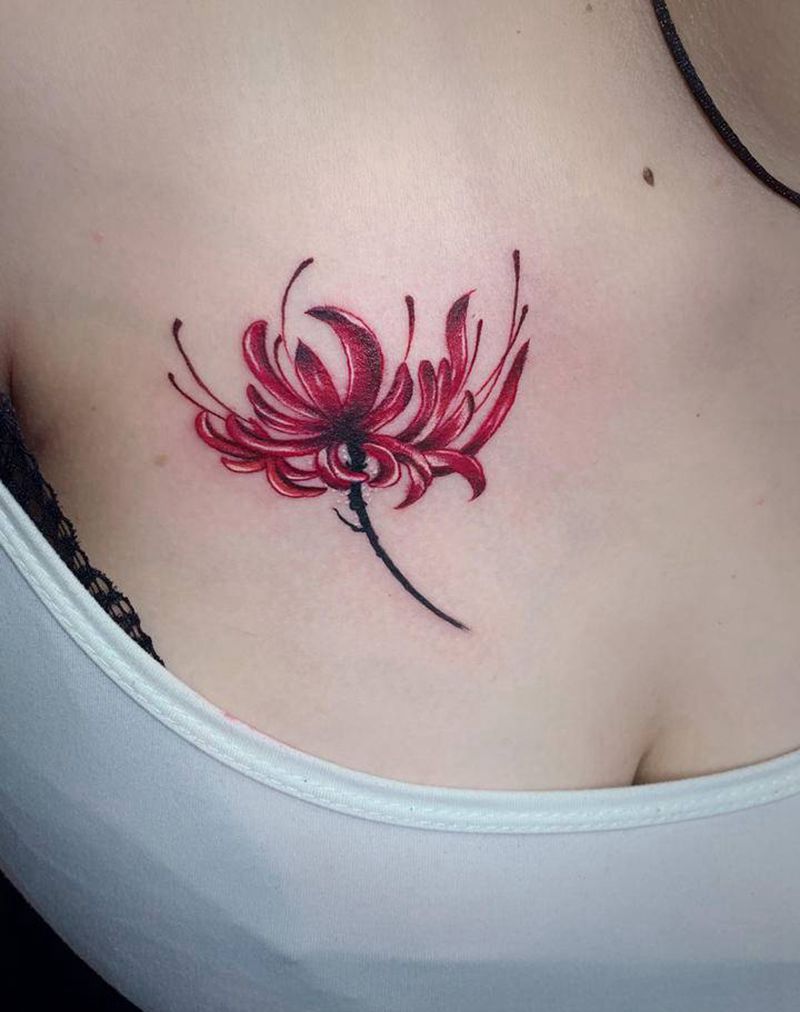 彼岸花纹身图片_胸部肩部新传统水彩纹身图案