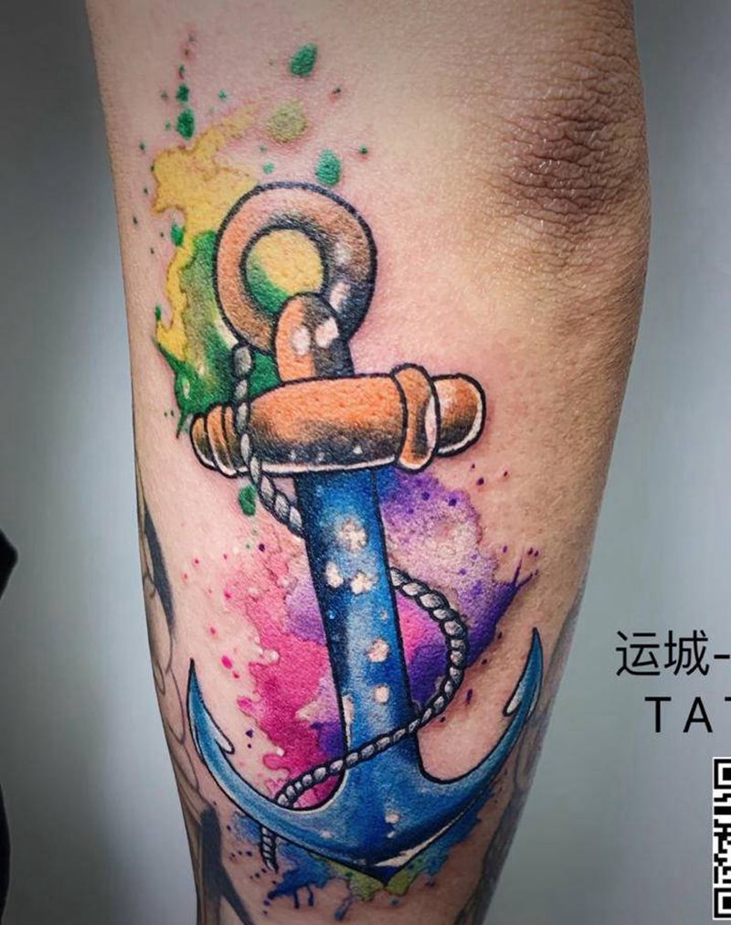水彩船锚纹身图片_手部手臂欧美写实水彩纹身图案