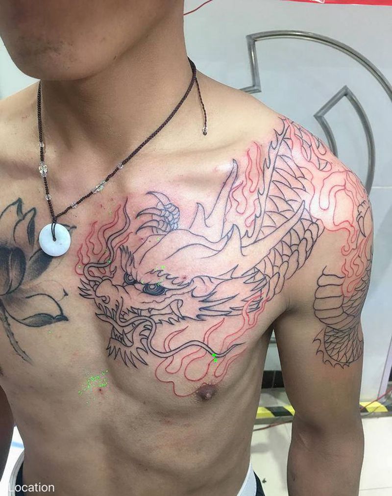 板甲龙设计图纹身图片_胸部肩部新传统纹身图案