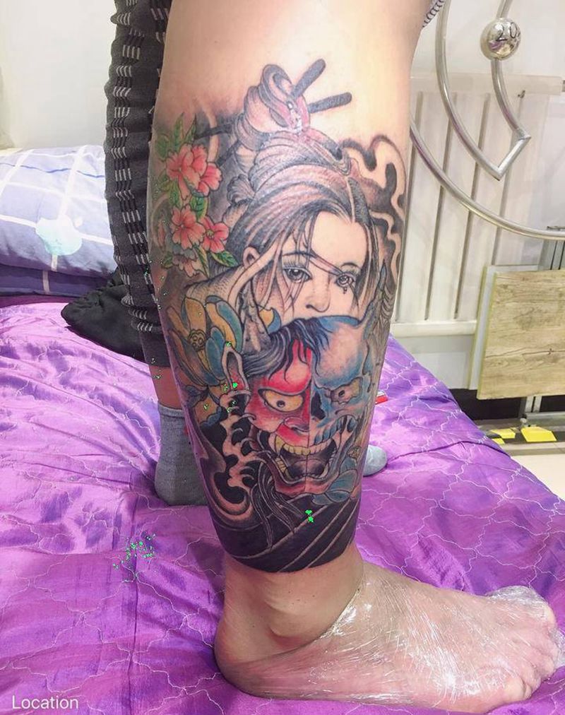 包小腿纹身图片_腿部新传统纹身图案