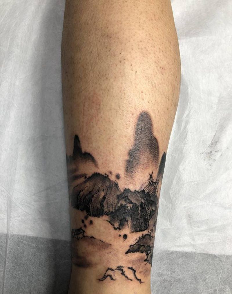 小腿纹身图片_腿部水墨纹身图案