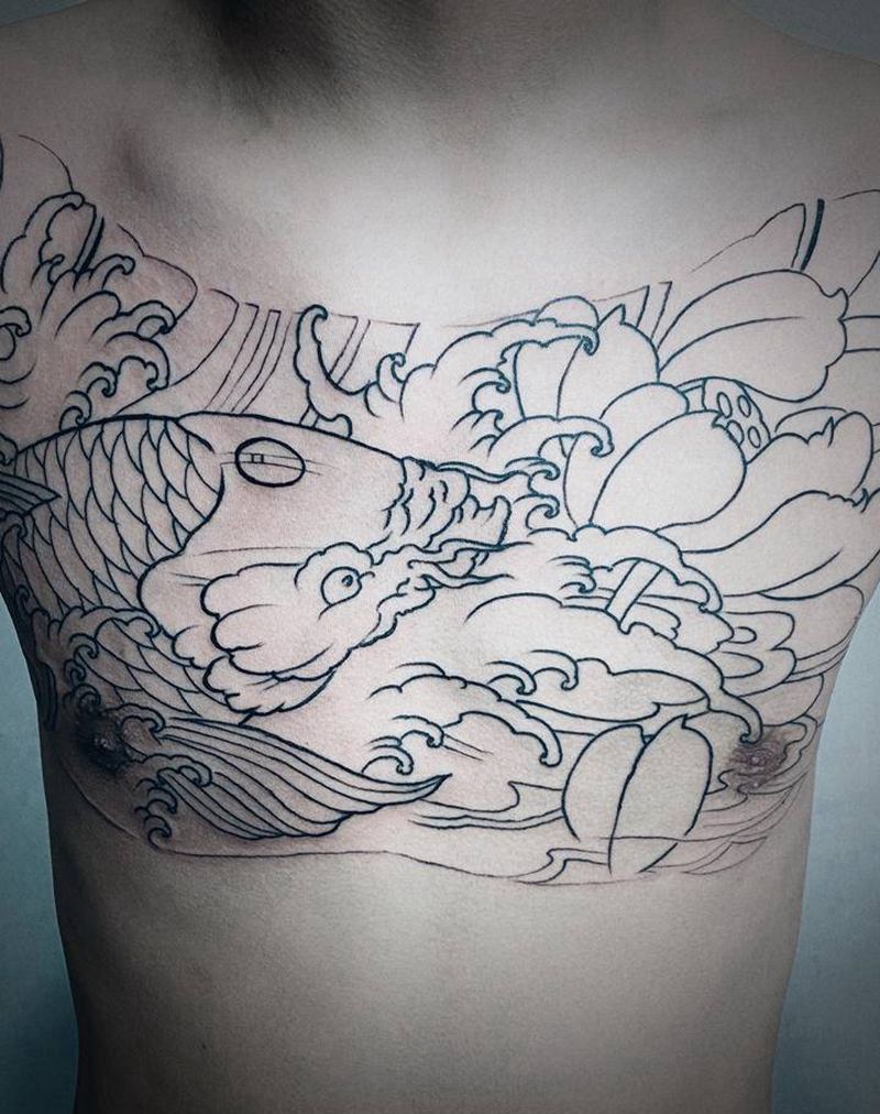 花胸线条纹身图片_胸部新传统老传统纹身图案