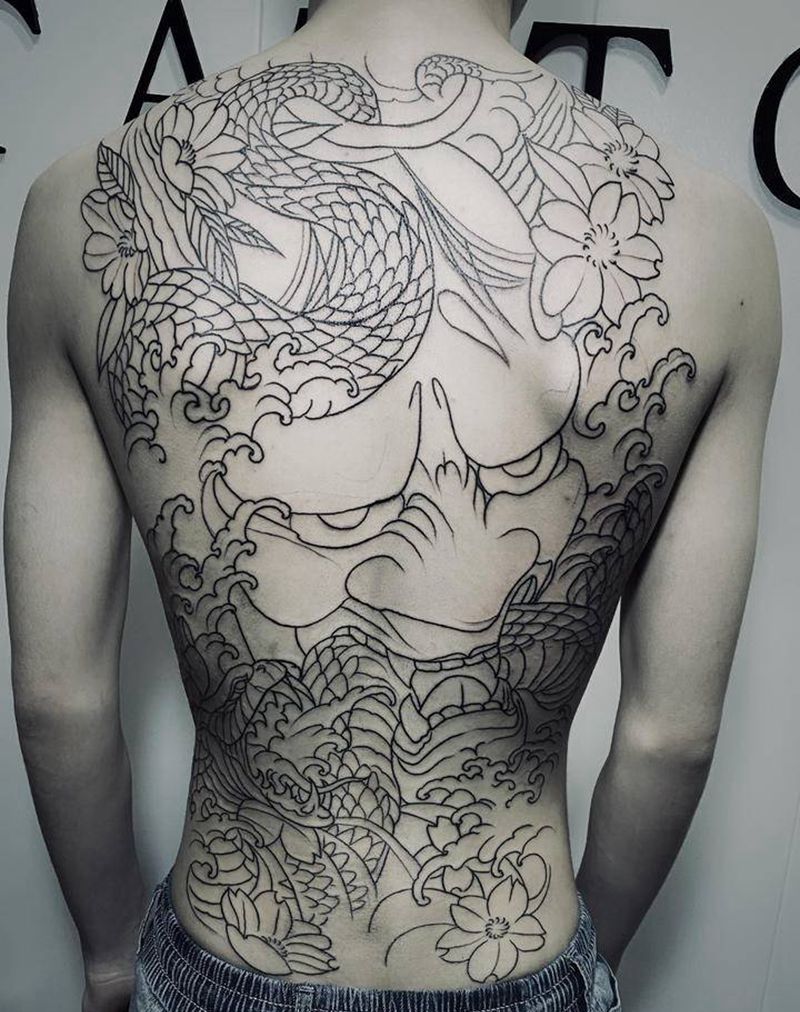 满背般若线条纹身图片_背部脚部新传统老传统纹身图案