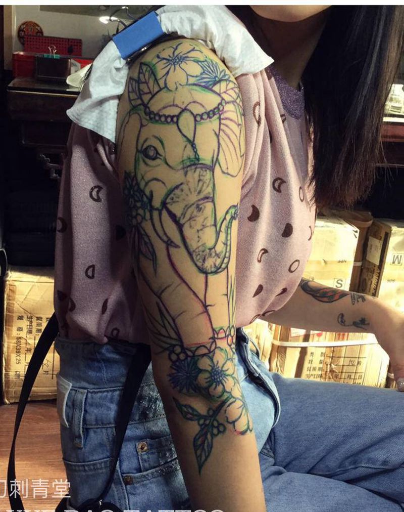 象纹身图片_手臂原创遮盖大象纹身图案
