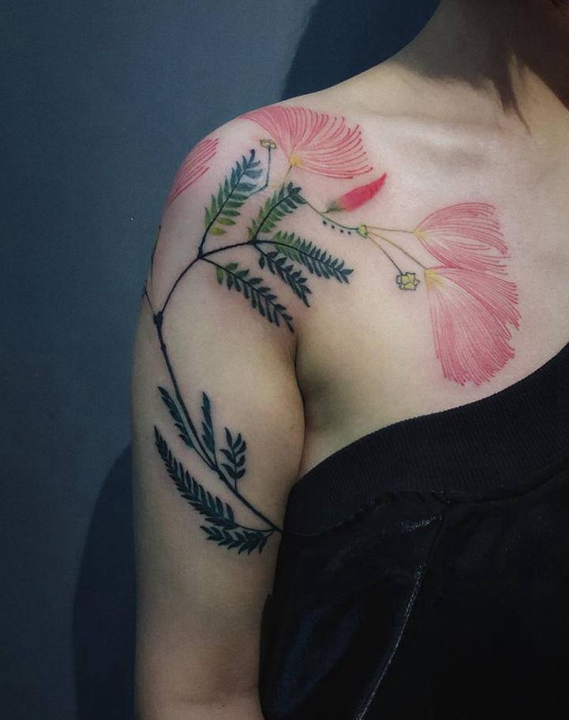 合欢花纹身图片_手臂胸部水墨纹身图案