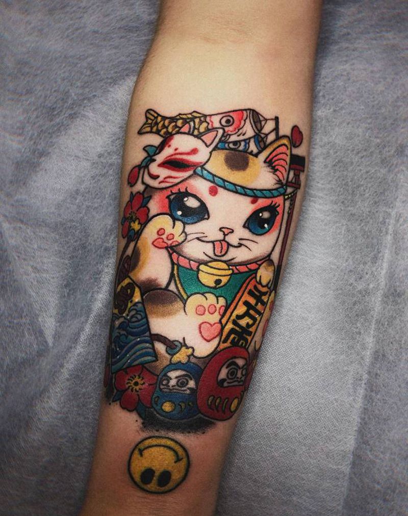招财猫纹身图片_手臂手部水彩New School纹身图案