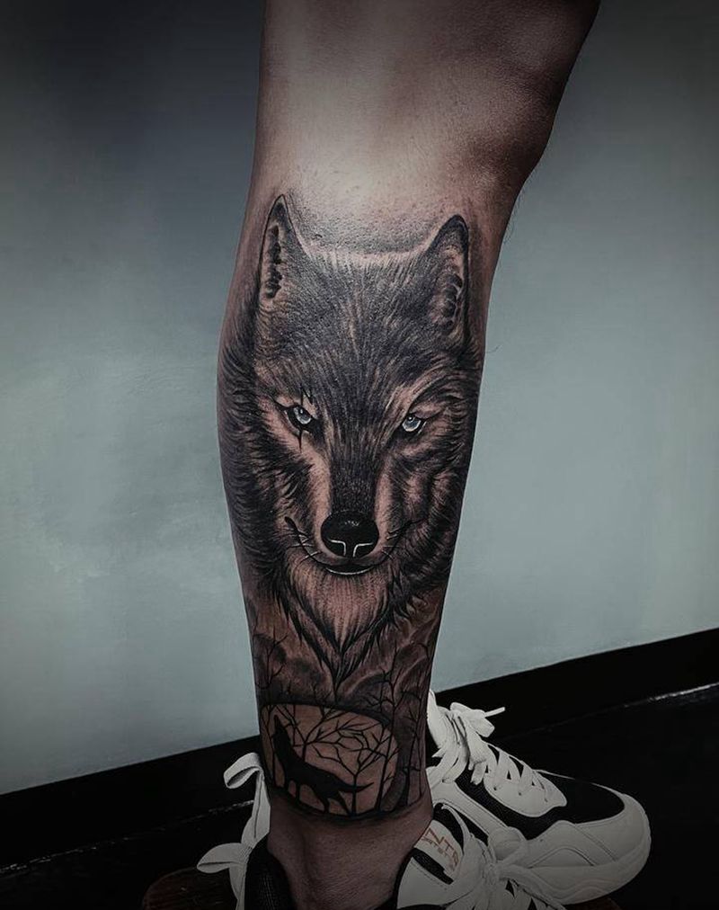 狼纹身图片_腿部手臂新传统老传统纹身图案