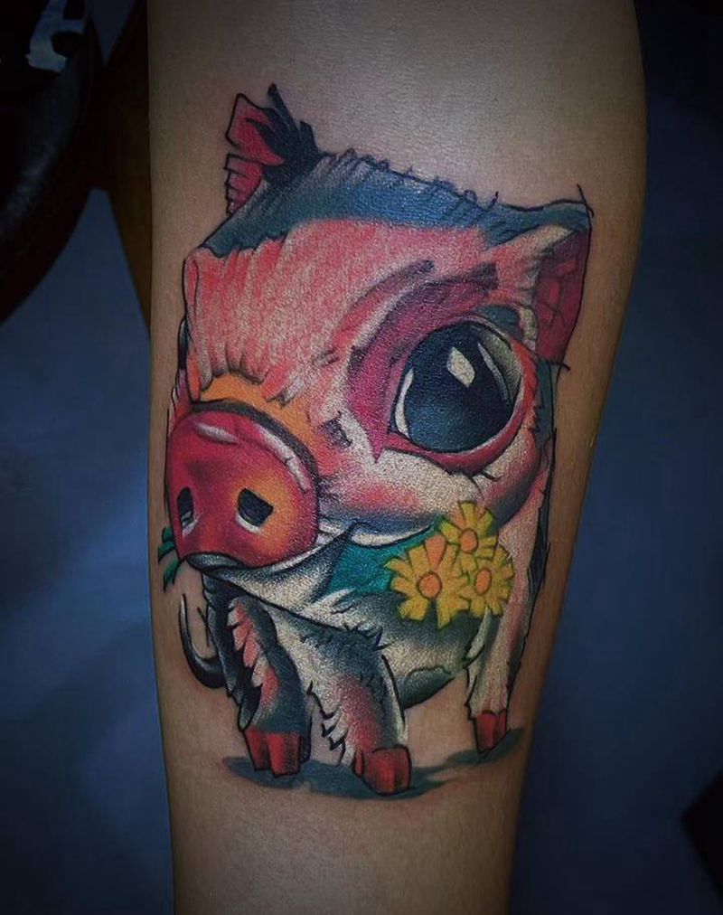 猪纹身图片_手臂肩部新传统欧美写实纹身图案