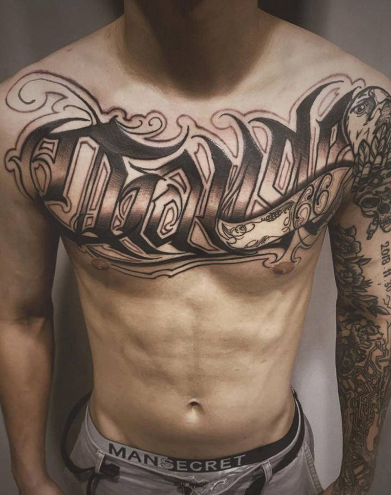 奇卡诺花胸纹身图片_胸部肩部花体字图腾花体字奇卡诺西海岸匪帮纹身图案