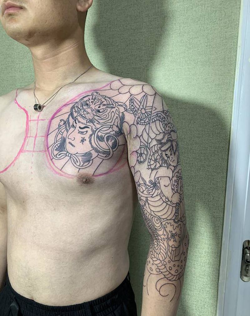 半甲七分袖纹身图片_手臂老传统纹身图案