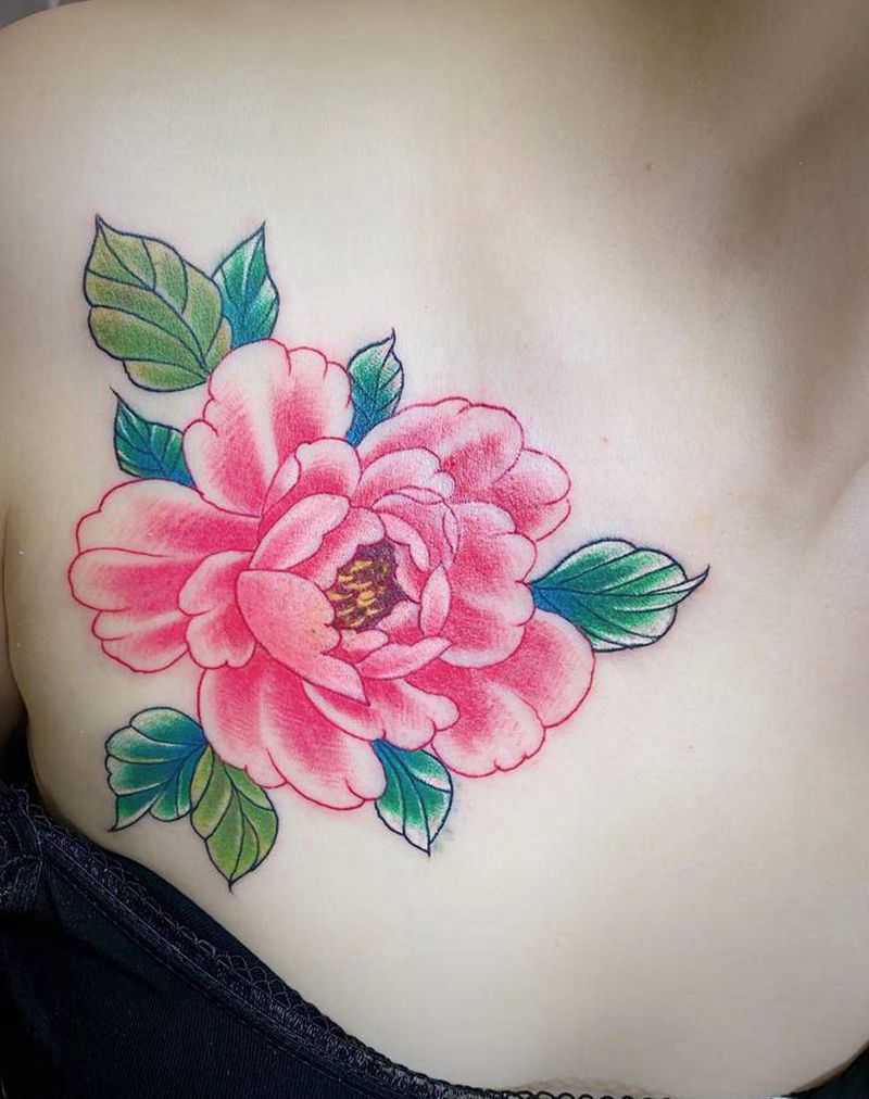 牡丹花纹身图片_胸部手臂新传统水彩纹身图案