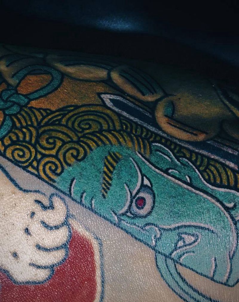 不动明王御守符纹身图片_腿部老传统不动明王御守御守符纹身图案