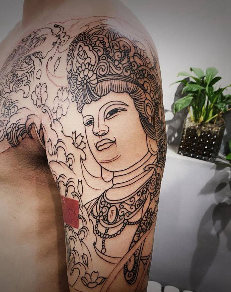 半甲佛，普贤菩萨纹身图片_胸部手臂新传统老传统纹身图案