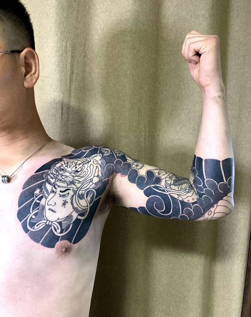 圆五作纹身图片_胸部手臂老传统纹身图案