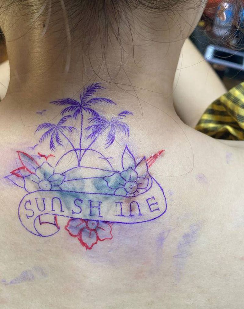 椰子树沙滩纹身纹身图片_颈部肩部水彩水墨纹身图案