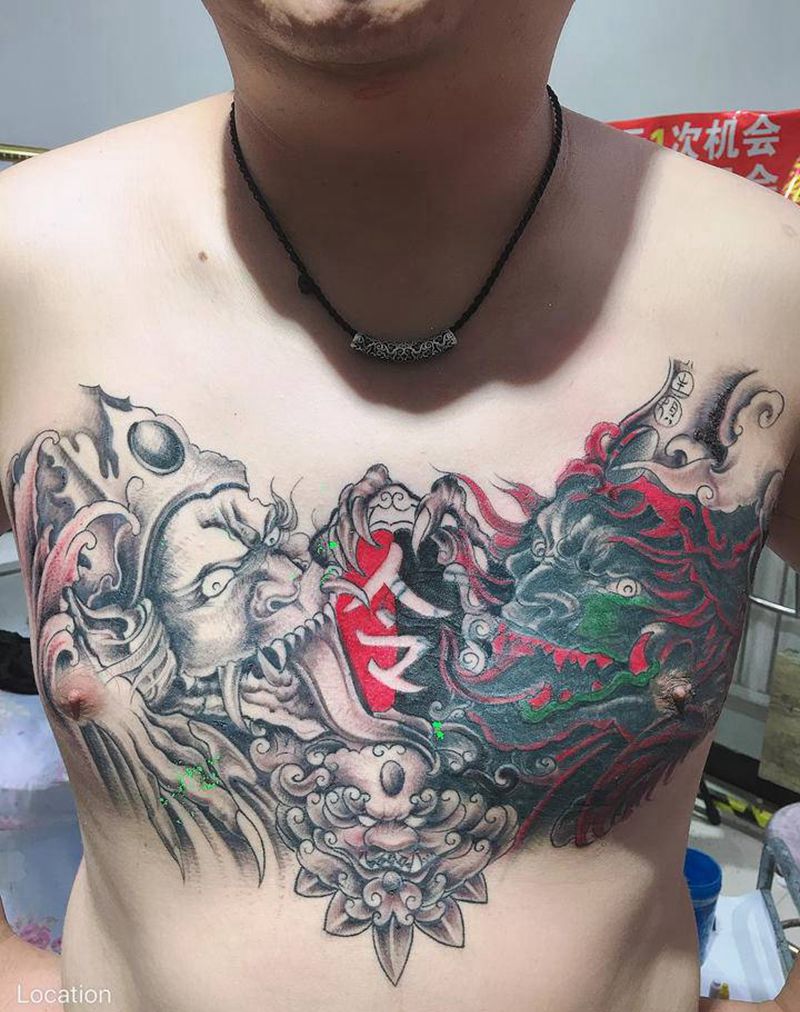 黑白无常纹身图片_胸部新传统纹身图案