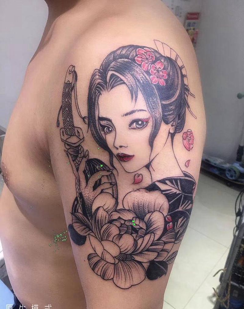 武士姬纹身图片_手臂新传统纹身图案