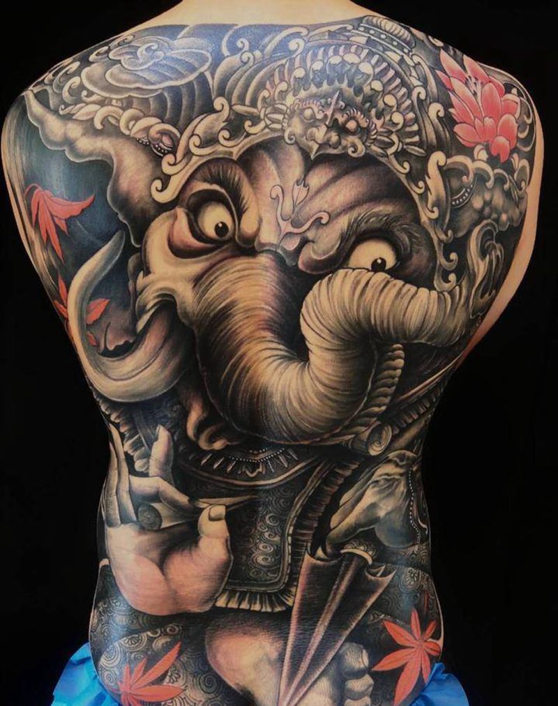 象财神纹身图片_背部纹身图案