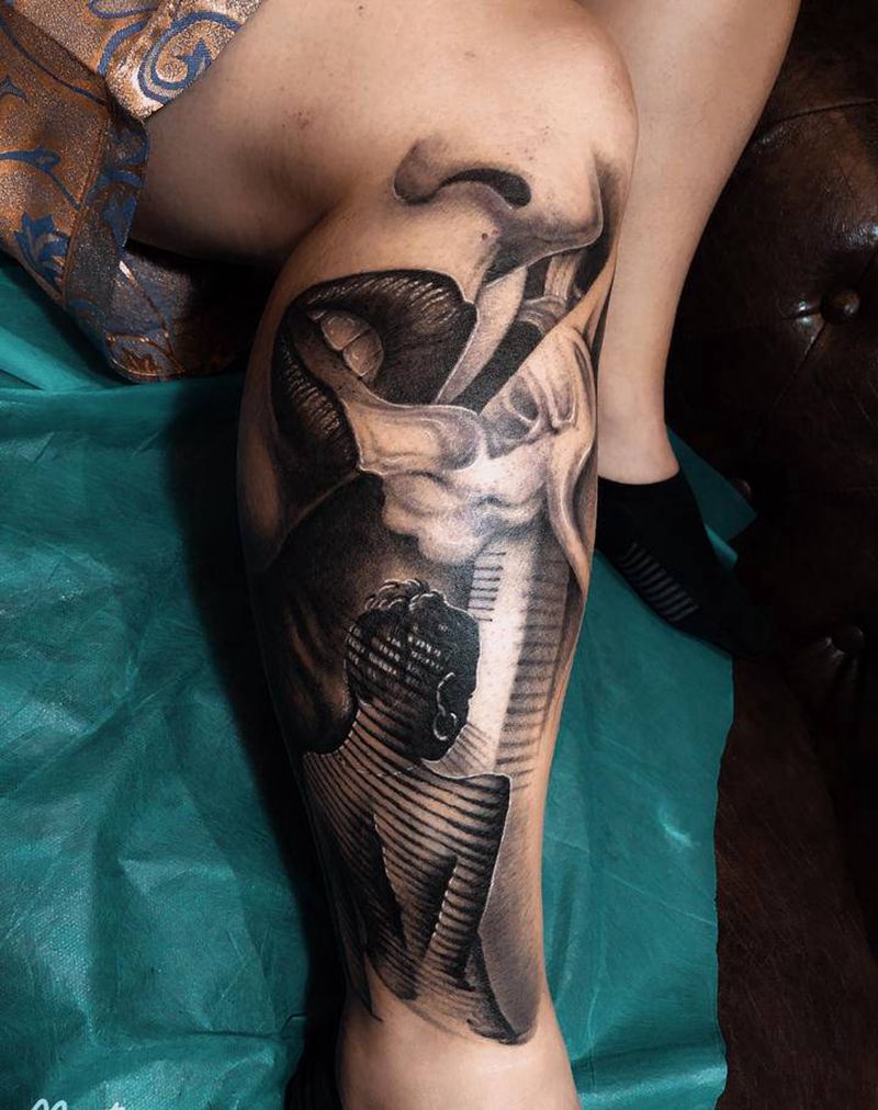 夜曲纹身图片_腿部欧美写实纹身图案