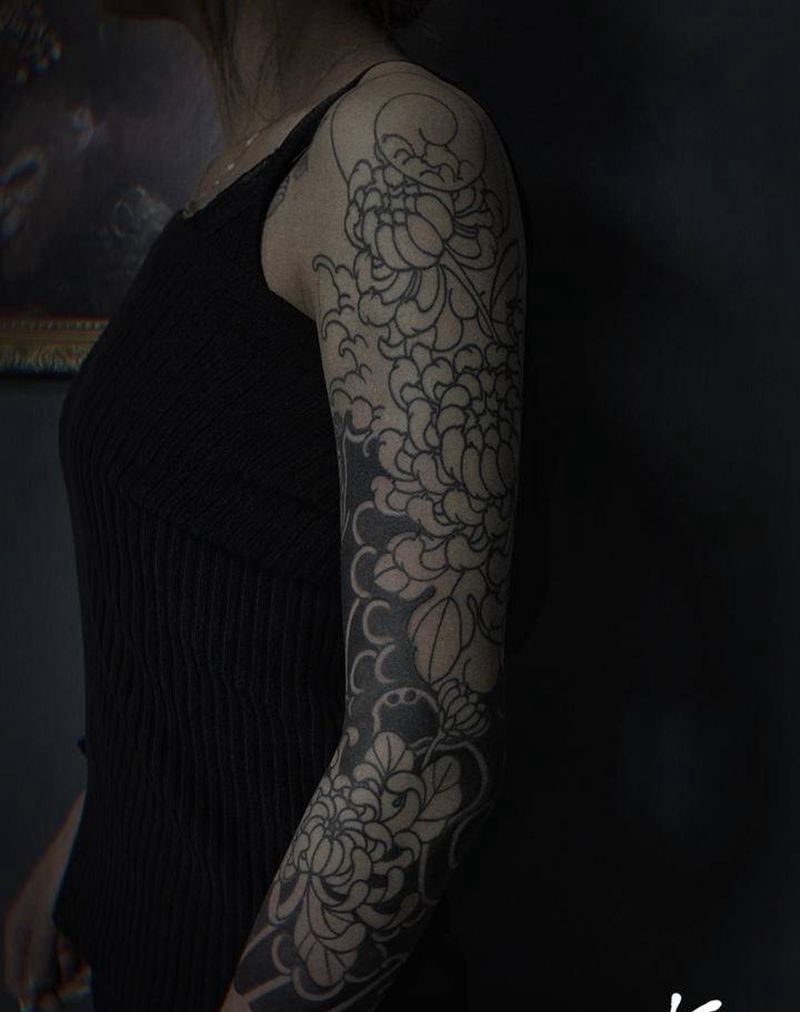 菊花花臂纹身图片_手臂老传统纹身图案
