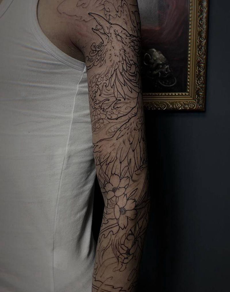 花臂凤凰线条纹身图片_手臂新传统纹身图案