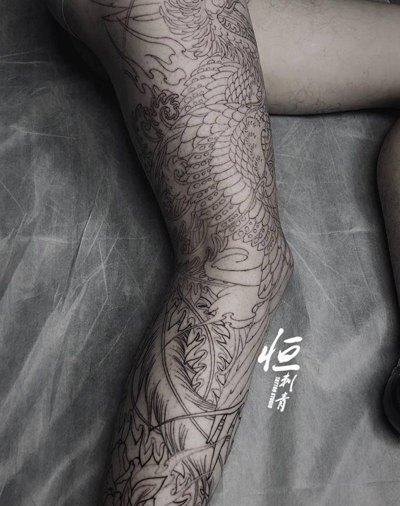 花腿凤凰线纹身图片_腿部新传统纹身图案