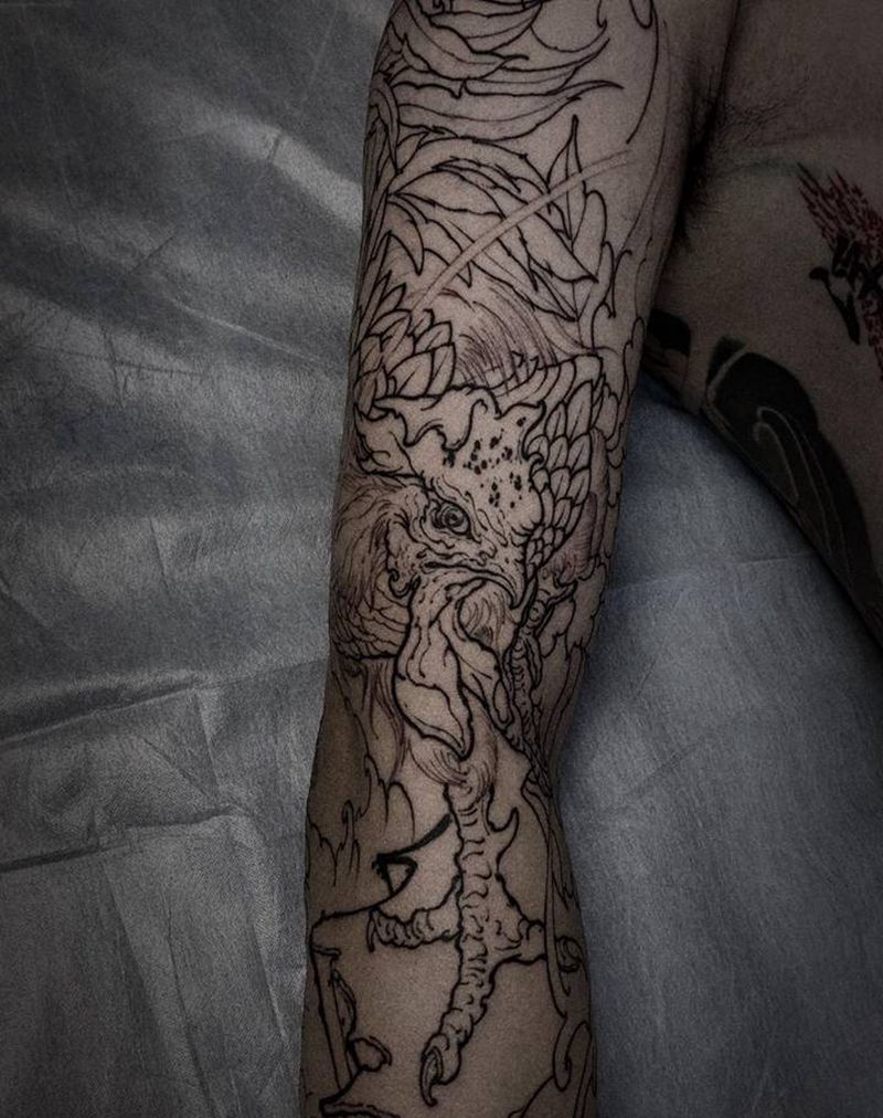 雄鸡花臂纹身图片_手臂新传统纹身图案