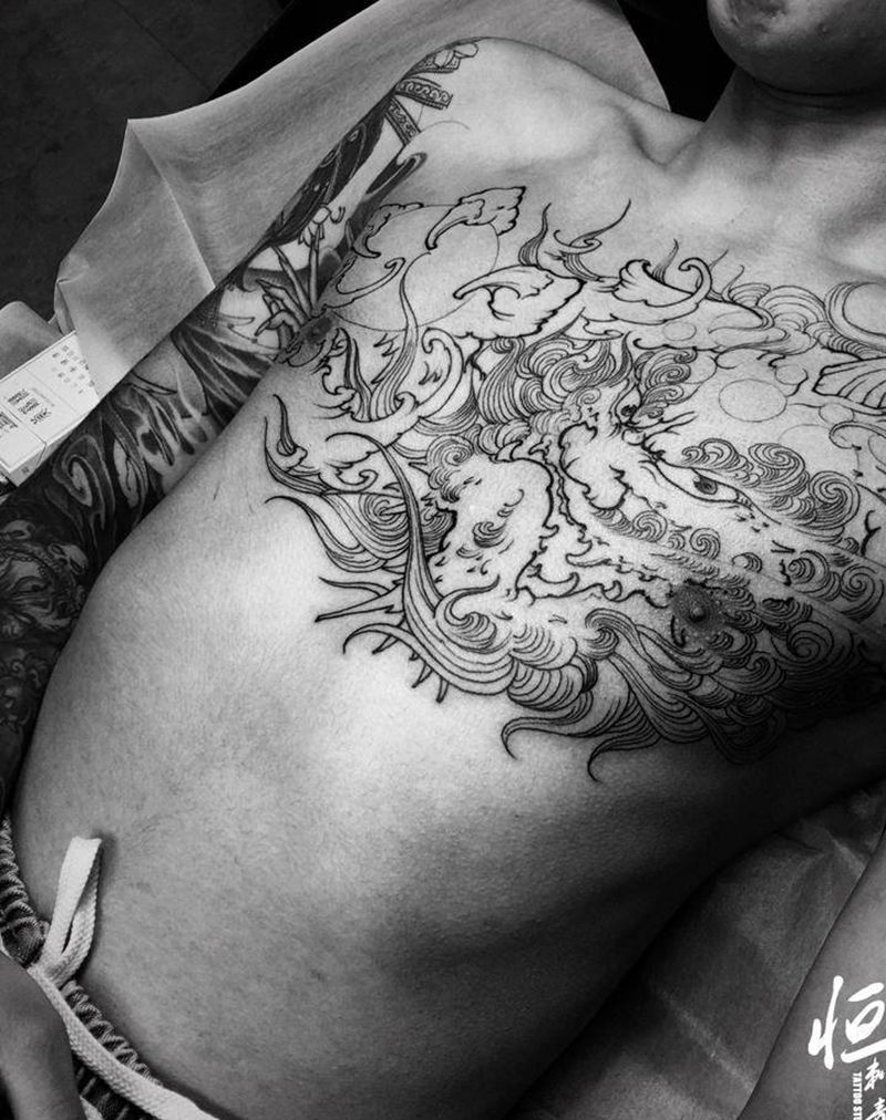 唐狮子纹身图片_胸部新传统纹身图案