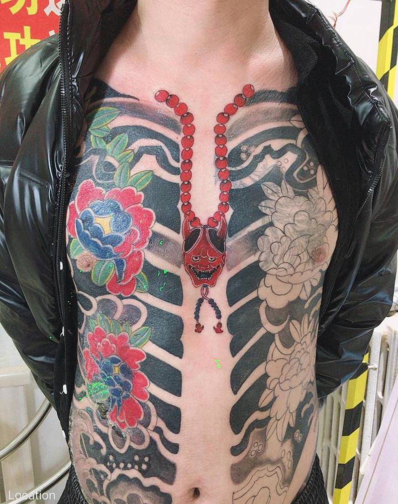 日式开衫纹身图片_胸部腹部老传统新传统纹身图案