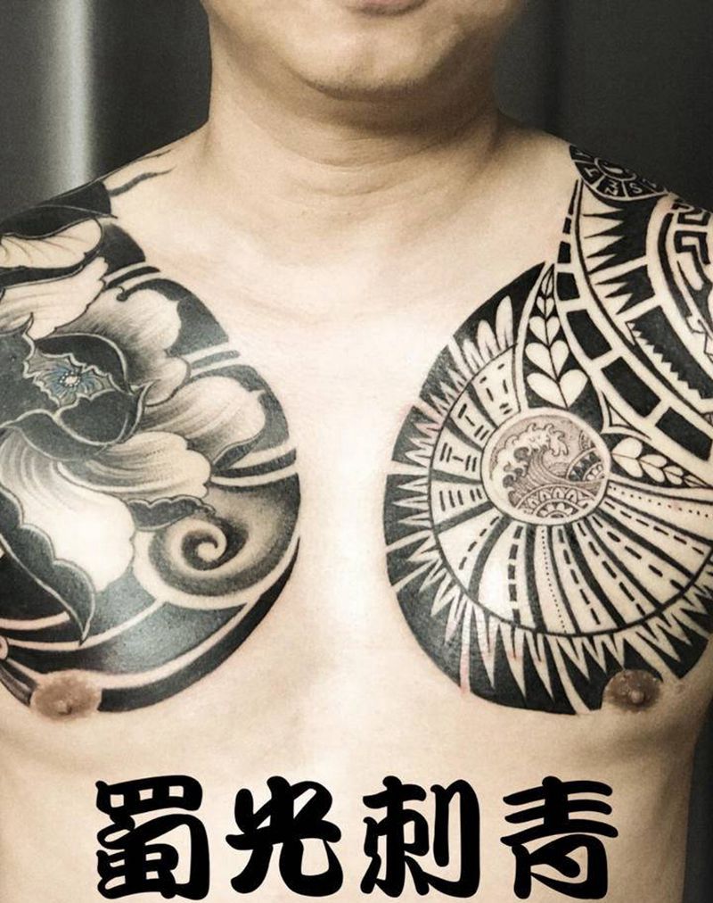 托起纹身图片_肩部胸部图腾纹身图案