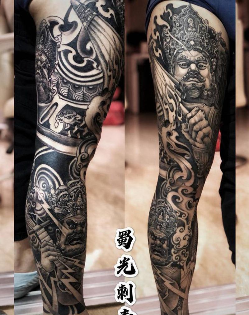 四大天王纹身图片_腿部新传统纹身图案