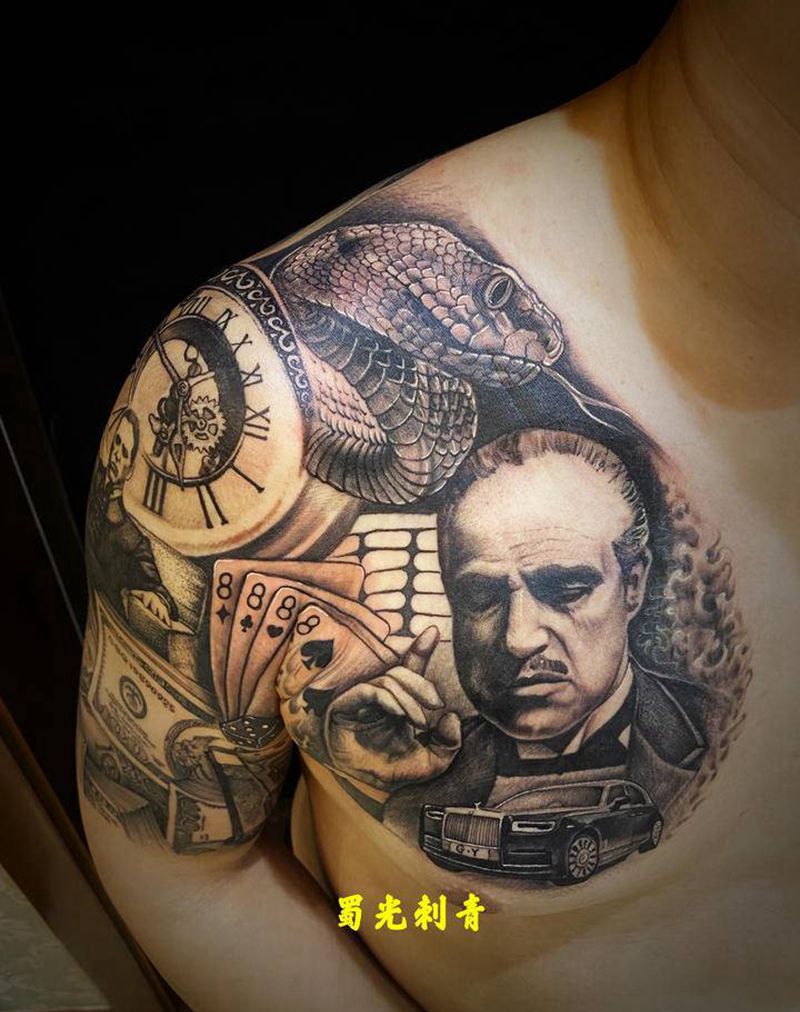 教父纹身图片_肩部胸部欧美写实纹身图案