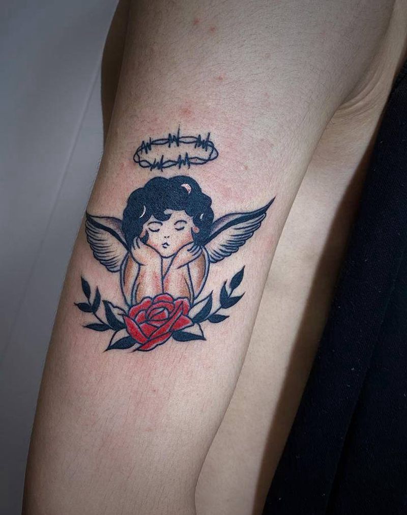 小天使纹身图片_手臂肩部欧美写实水彩纹身图案