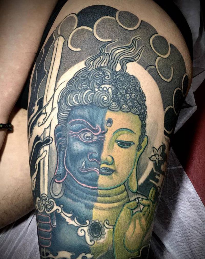 修改遮盖纹身图片_腿部老传统新传统不动明王佛纹身图案