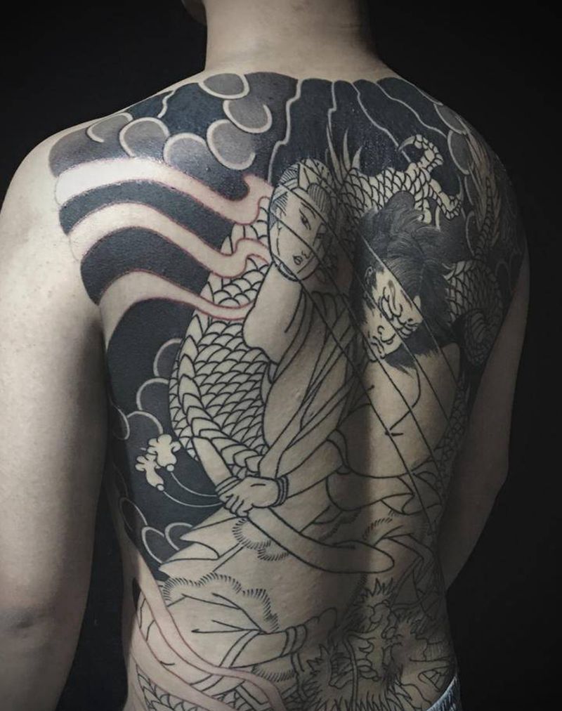 满背龙王太子（30%）纹身图片_背部臀部老传统龙王太郎龙王太子龙纹身图案