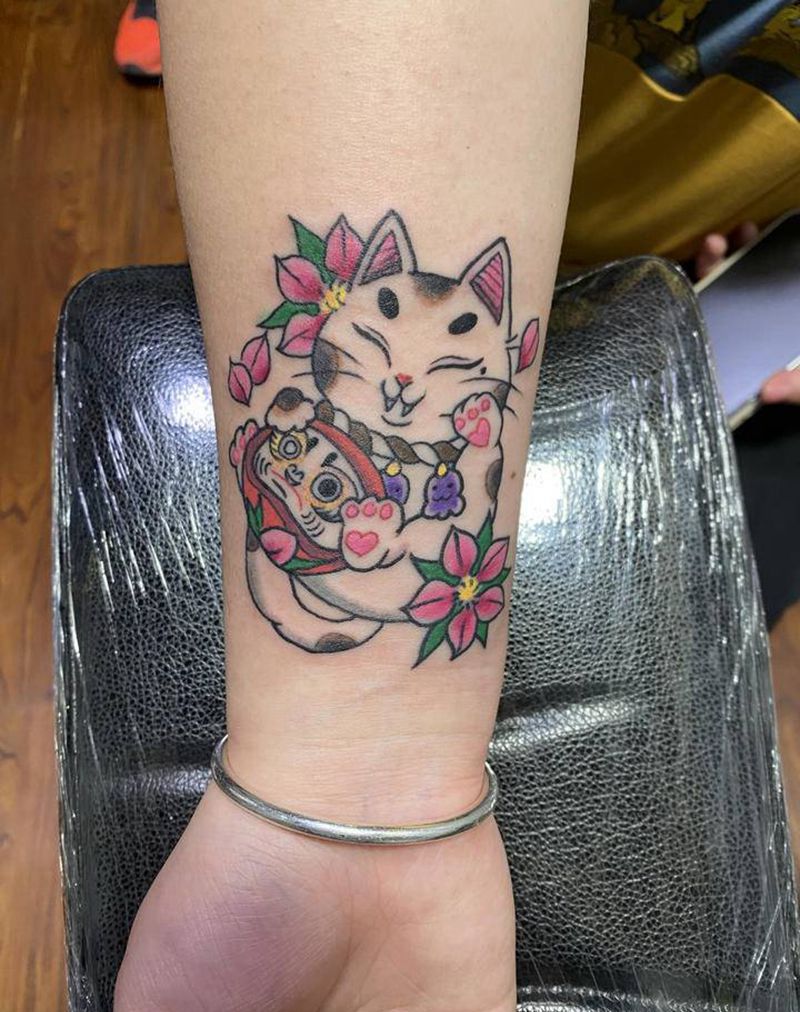 招财猫纹身图片_手臂腿部水彩纹身图案