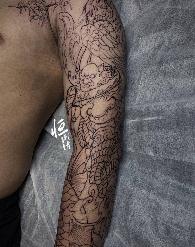 武士线条纹身图片_手臂新传统纹身图案
