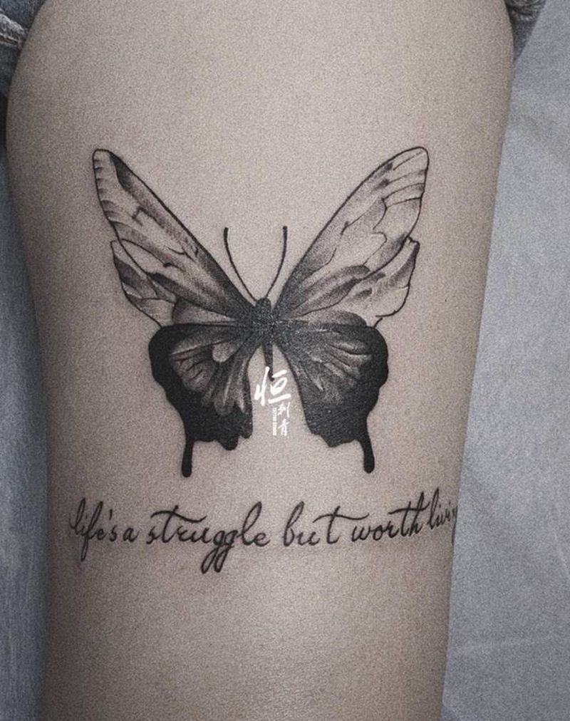 花福蝶纹身图片_腿部图腾点刺纹身图案