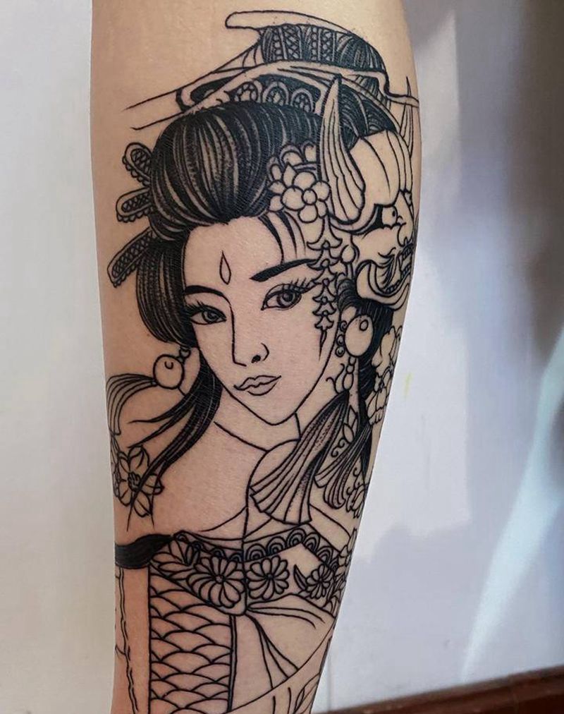 艺妓纹身图片_手臂腿部新传统水彩纹身图案