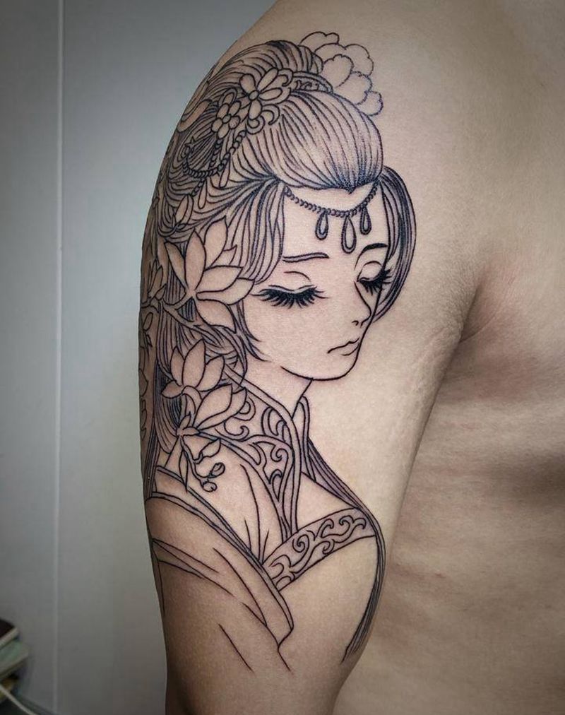 艺妓纹身图片_肩部手臂水墨新传统纹身图案