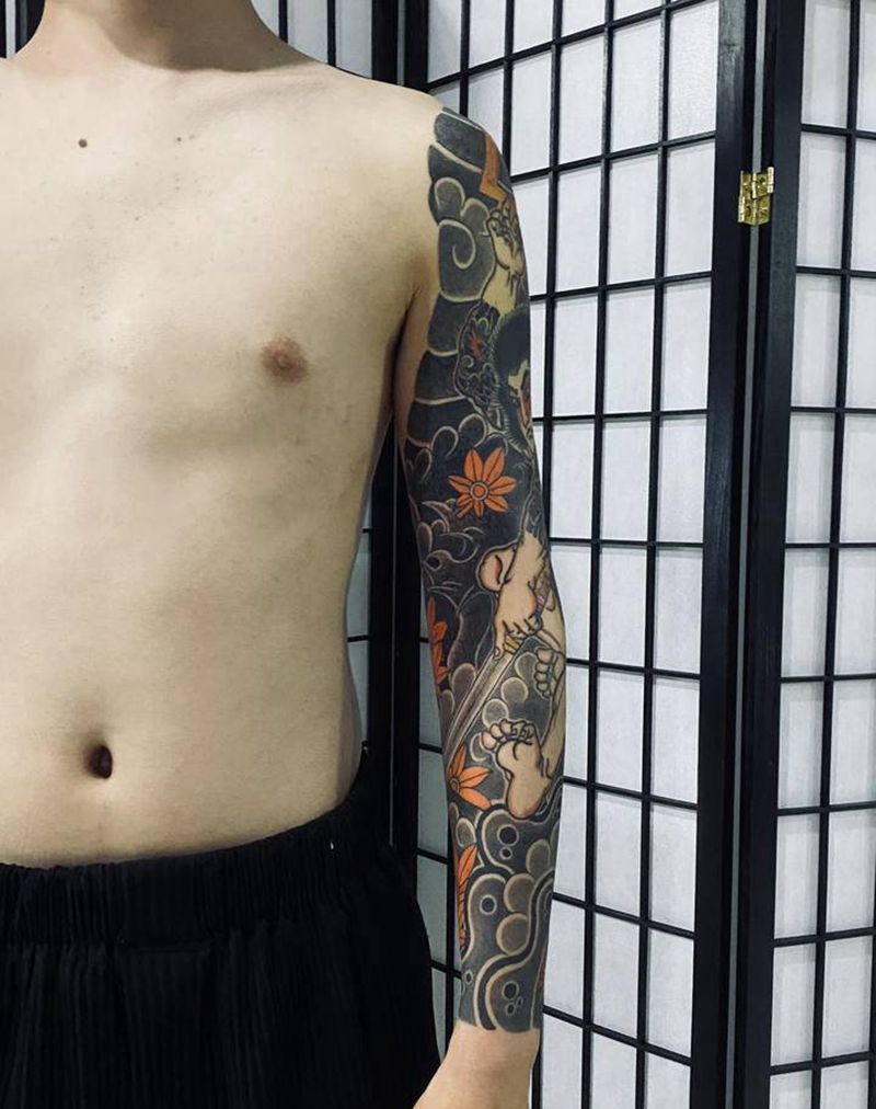 张顺花臂 完工纹身图片_手臂老传统张顺花臂纹身图案