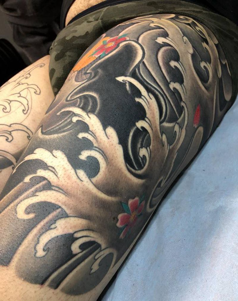 彫國传统的味道纹身图片_腿部老传统新传统纹身图案