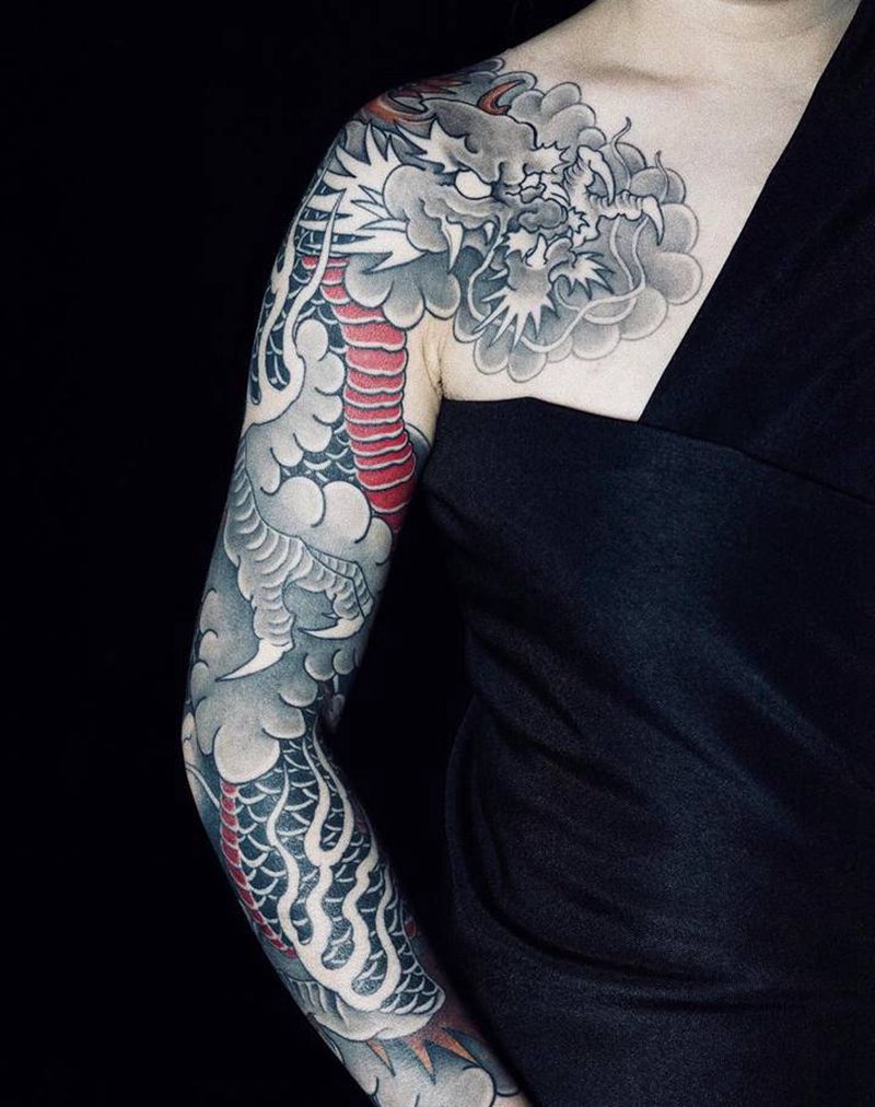 彫國龙作品纹身图片_手臂老传统纹身图案