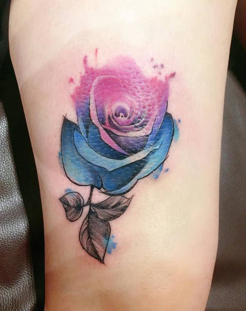 水彩玫瑰遮盖纹身图片_腿部水彩纹身图案