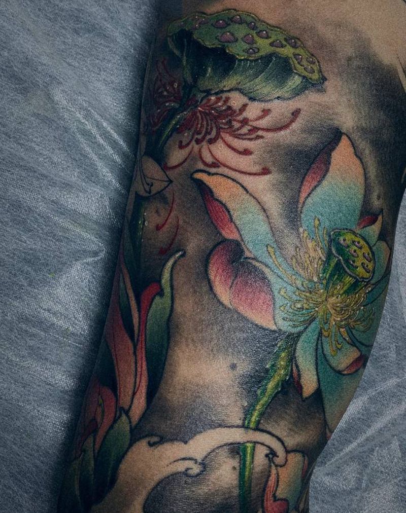 荷纹身图片_手臂新传统纹身图案