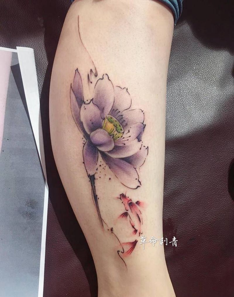 墨莲纹身图片_腿部水墨纹身图案